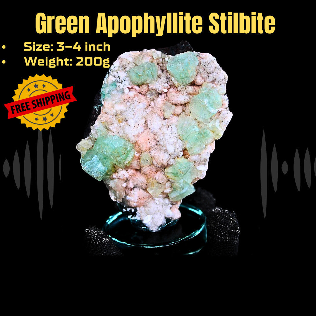 Green Apophyllite Cube on Stilbite 230g Natural Crystal Mineral Specimen India