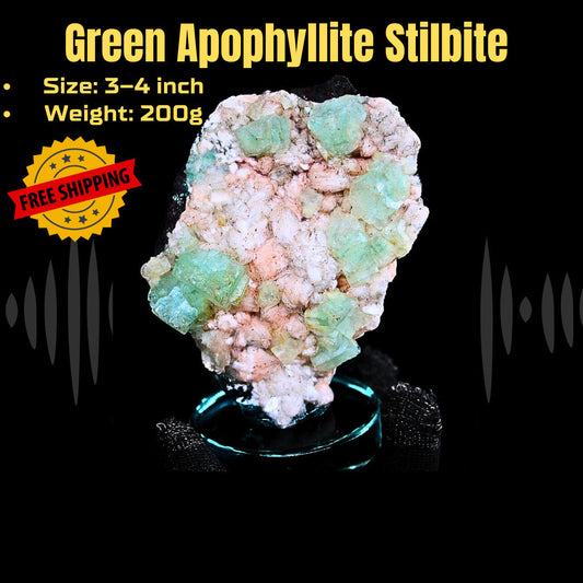 Green Apophyllite Cube on Stilbite 230g Natural Crystal Mineral Specimen India
